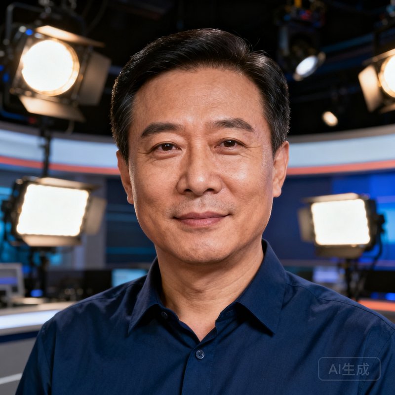 某省级体育频道主编王磊的正面肖像，他年约45岁，穿着深蓝色衬衫，神态专业而自信，背景是电视台演播厅的灯光设备。